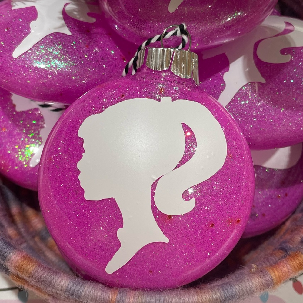 Glittery Pink Barbie Silhouette Holiday Ornament